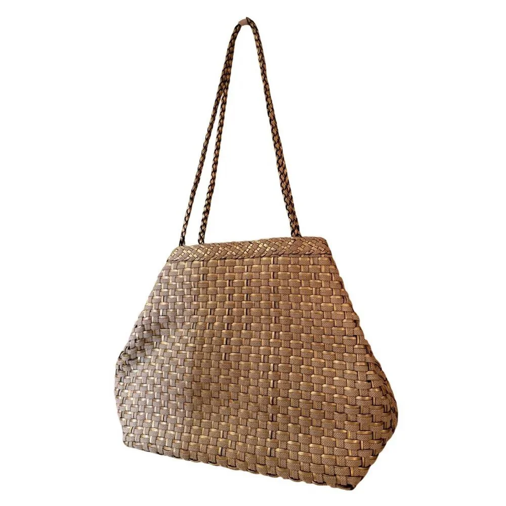 L.J.S. Collection Womens Tote Bag Gold Beige All-Over Woven Pattern Vintage